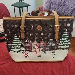 Giani Bernini Festive Brown Tote with Winter Scene